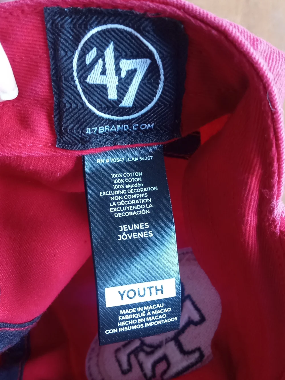 47 Brand Red Youth Baseball Cap with Black Logo Tag
